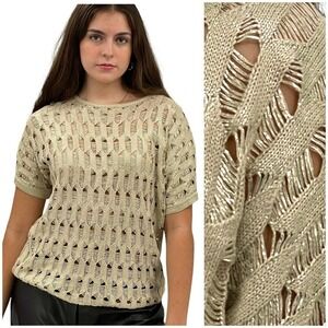 Chico's Short Sleeve Sweater Gold Shimmer Metallic Loose Knit 100% Cotton | 2